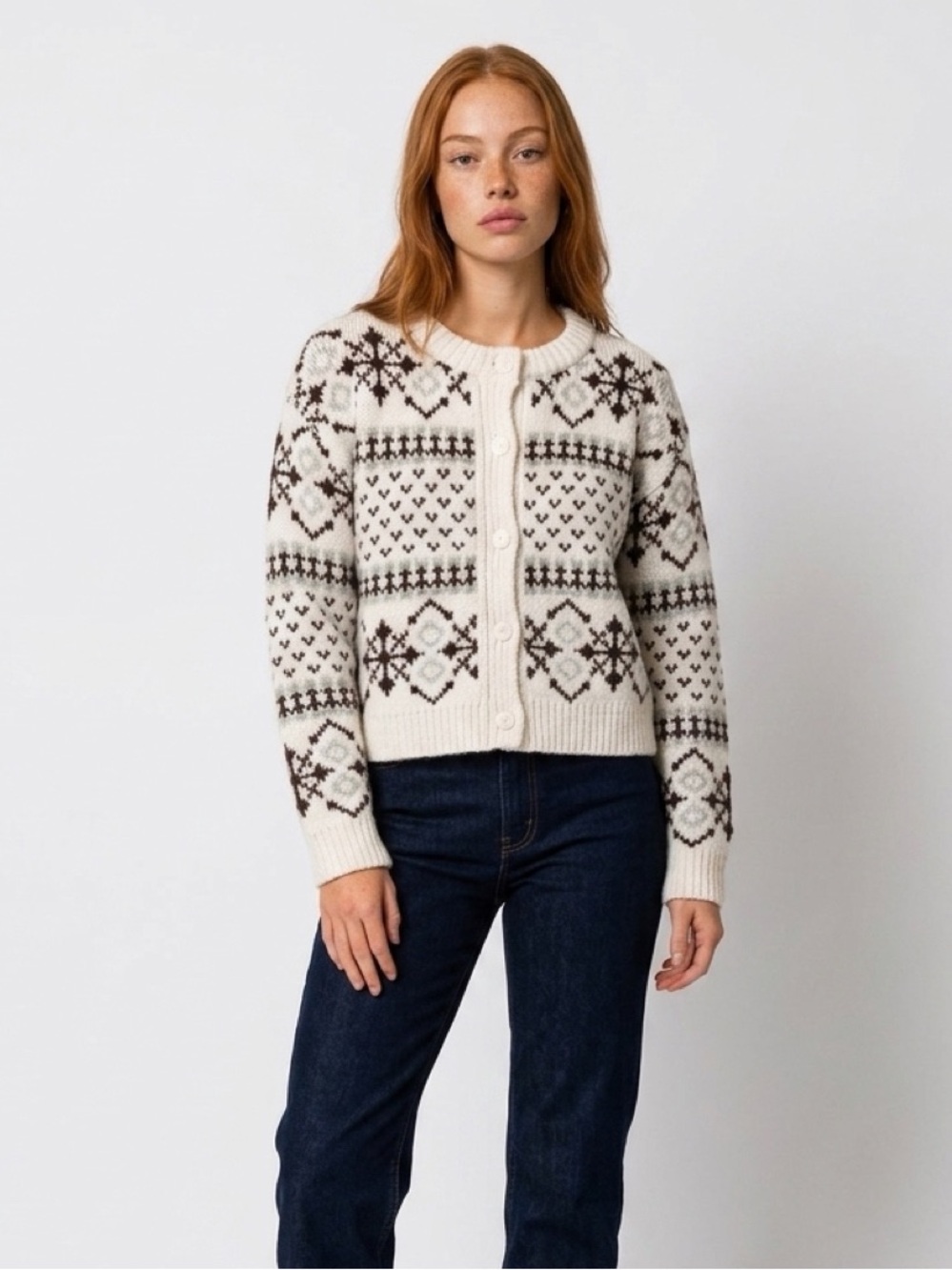 Cozy Fair Isle Button-Front Cardigan in Ivory and Dark Brown